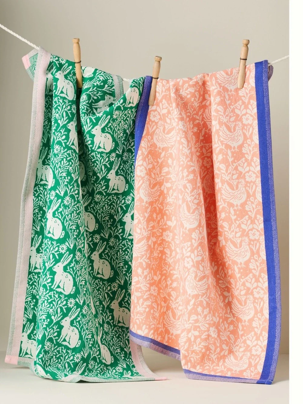 Anthropologie Jacquard Dish Towels New Set of 2 Bunny Farm Chicken Rooster